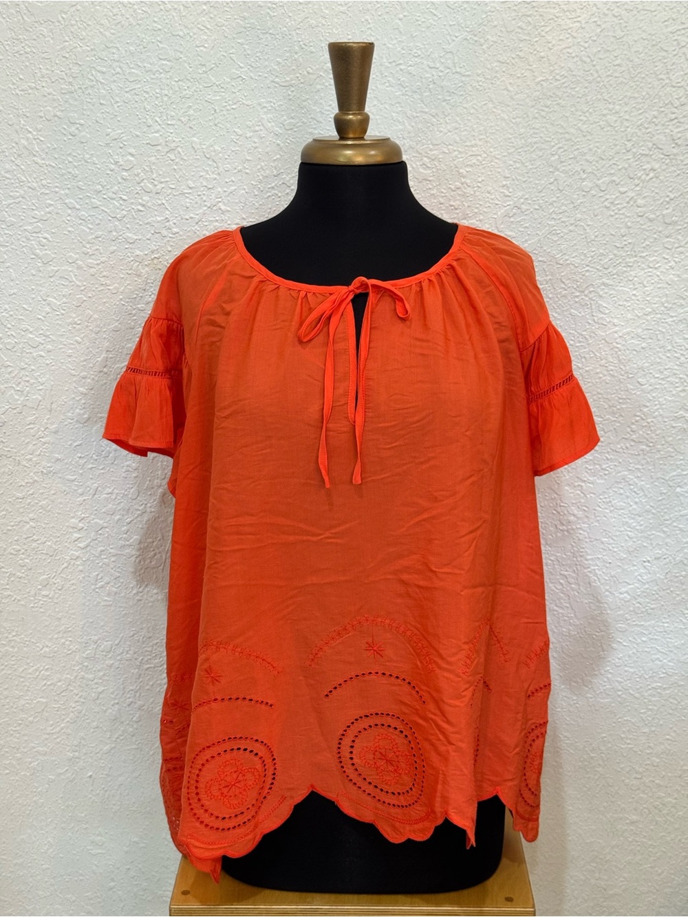 Rose & Olive Bright Orange Peasant Tie-Neck Blouse